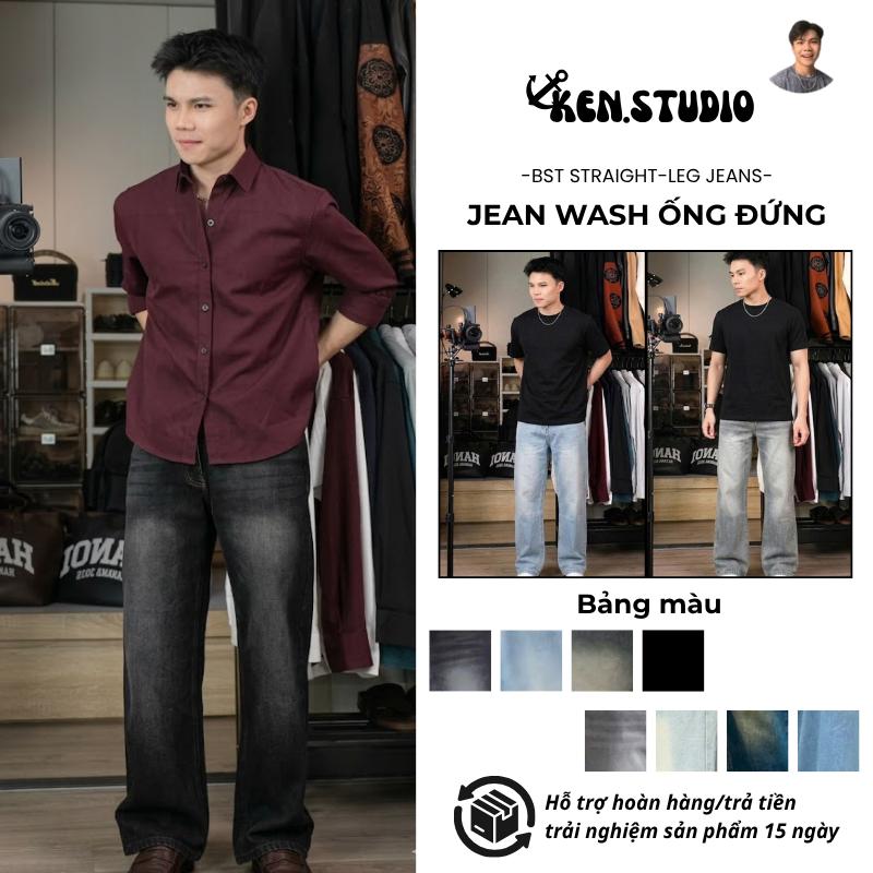 KENSTU - Quần Jean Nam, Nữ ống đứng suông rộng phủ giày phong cách Vintage form Unisex.