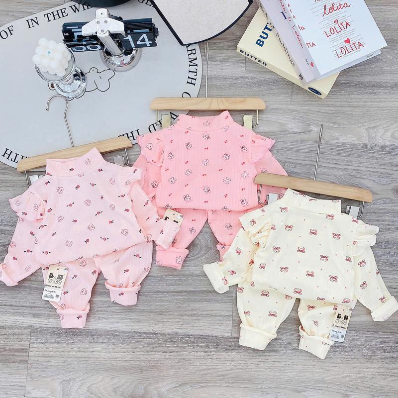 Bộ quần áo LEN tăm DÀY dài tay thu đông họa tiết in kín và kẻ sọc cho bé gái size 6-16kg