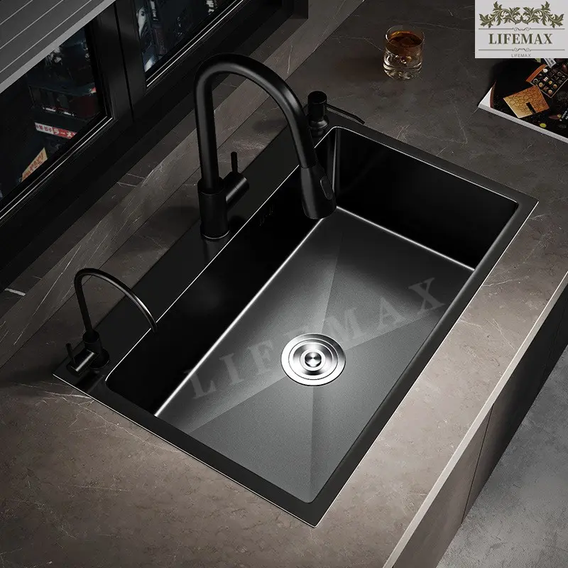 [SG Seller]Black Kitchen Nano Sink Single Sink 304 Stainless Steel Household Sink  With Kitchen Faucet Drain Accessories
