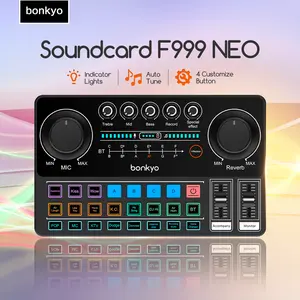 Bonkyo Sound card F999 NEO: Empat tombol yang dapat disesuaikan untuk beragam operasi, tampilan LED yang presisi, kontrol layar sentuh yang nyaman, dan baterai 1800mAH yang kuat.