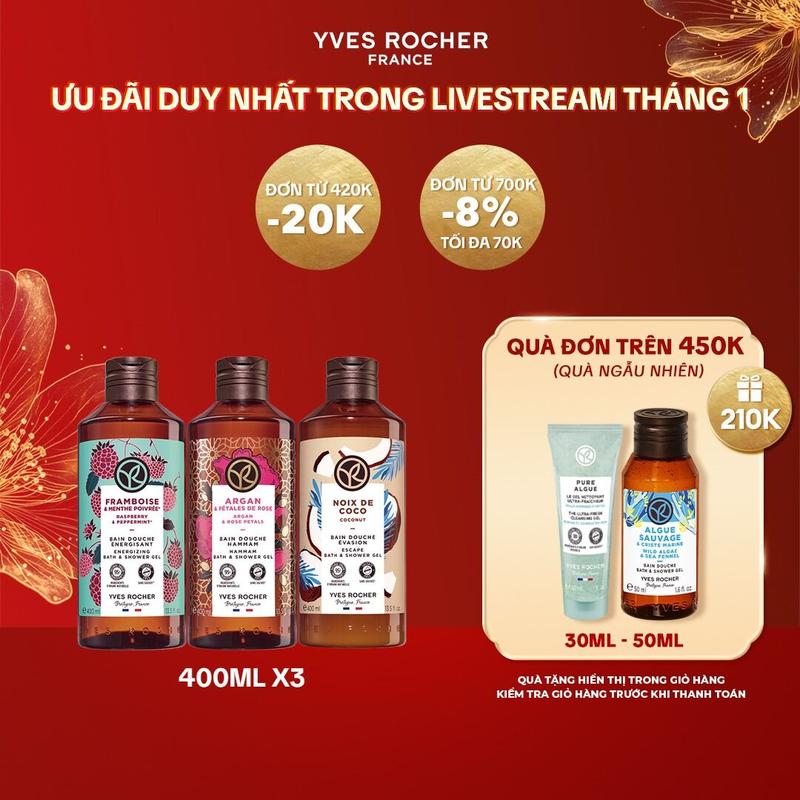Livestream Combo 3 sữa tắm thiên nhiên hương mâm xôi đỏ - hoa hồng - dừa Yves Rocher 400mlx3