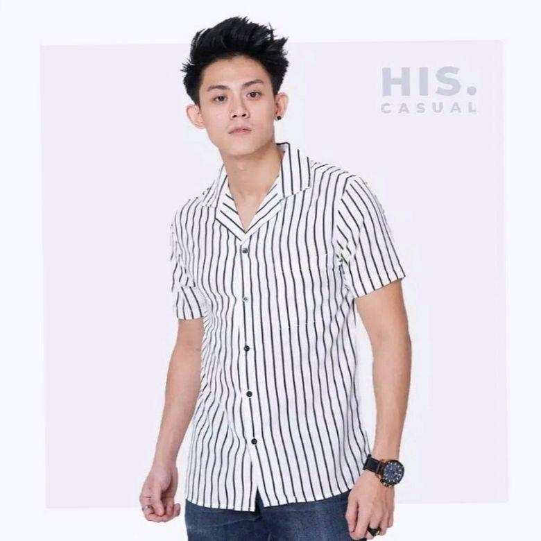 Kemeja Salur Stripe Unisex Lengan Pendek Hem Kasual V Neck Garis Distro 7