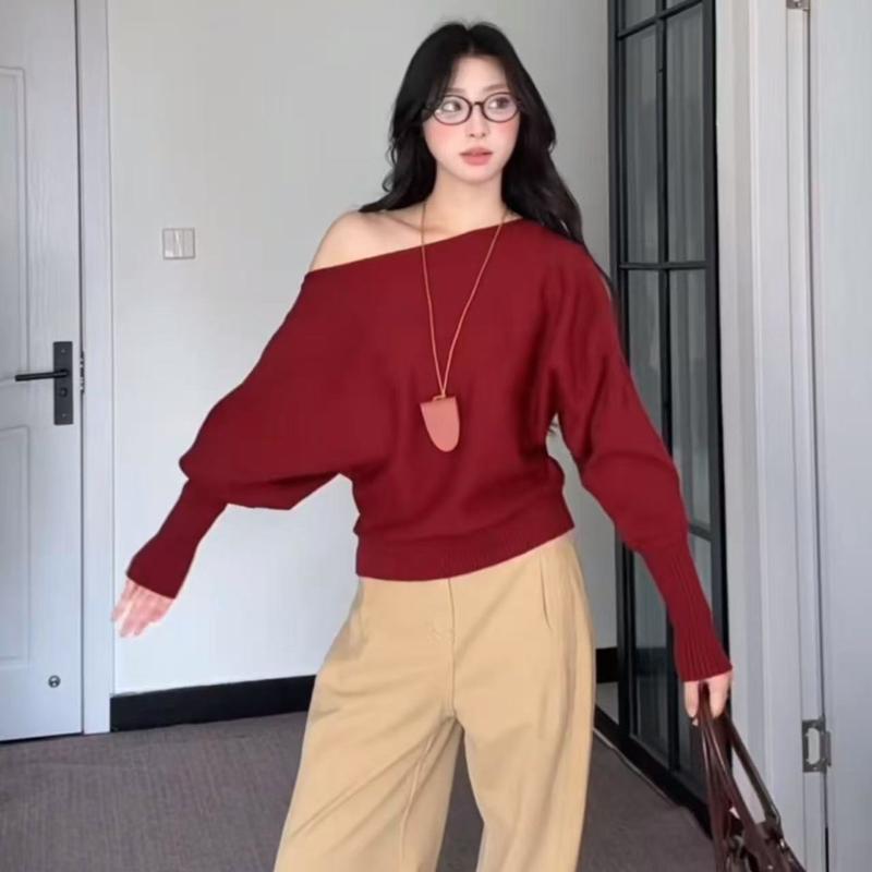 Áo Len Dệt Kim Màu Đỏ Phong Cách Hàn Quốc Sang Trọng Trễ Vai Thích Hợp Cho Mùa Thu Đông Nữ Women