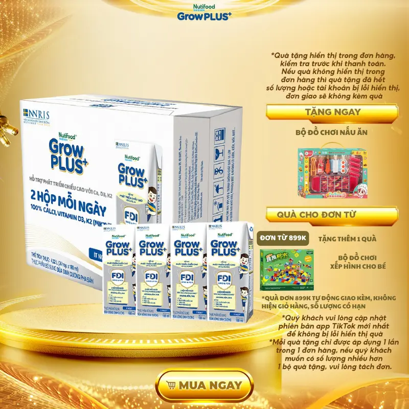 [GrowPlus x Mẹ bé Thủy Thảo] Thùng 24 hộp 180ml sữa Bột Pha Sẵn Nutifood Sweden GrowPLUS+ Cao lớn vượt trội hộp Ít ngọt (1 Thùng x 2.64L) 0