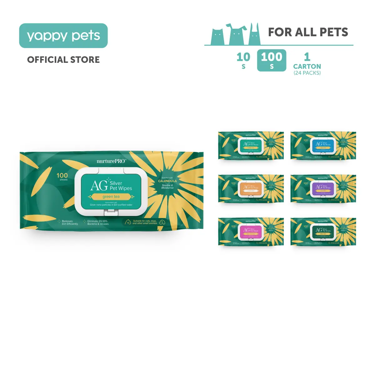 NurturePRO AG Silver Pet Wipes 100pcs | Alcohol Free & Paraben-Free, pH Balanced, with Calendula & Aloe Vera Extracts