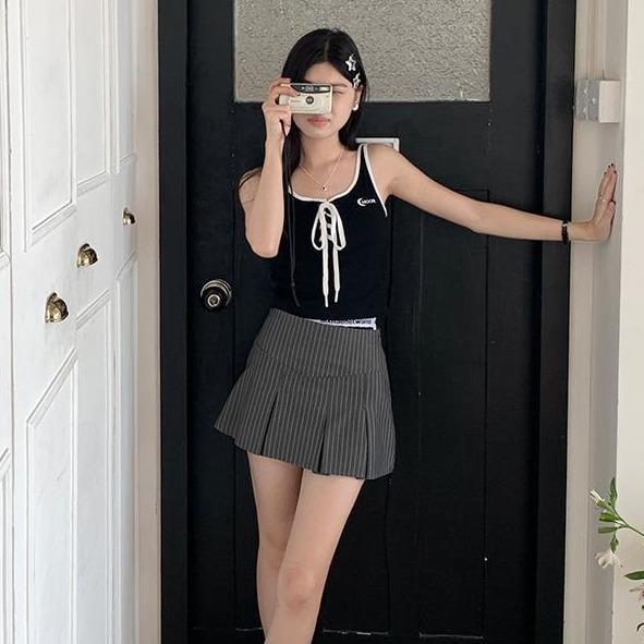 Rok lipit retro Amerika Rok garis-garis wanita ala Korea Pendek Casual Shakila Baju Dewasa Panjang Hitam Katun 9