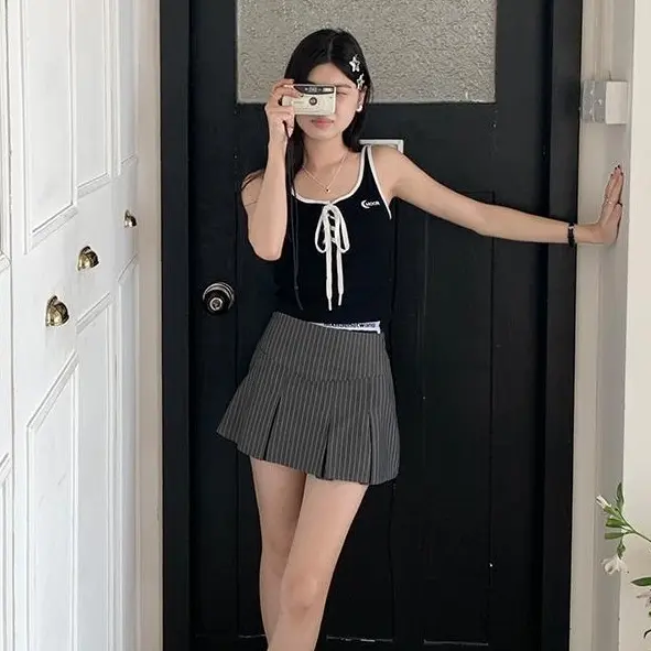 Rok lipit retro Amerika Rok garis-garis wanita ala Korea Pendek Casual Shakila Baju Dewasa Panjang Hitam Katun 8