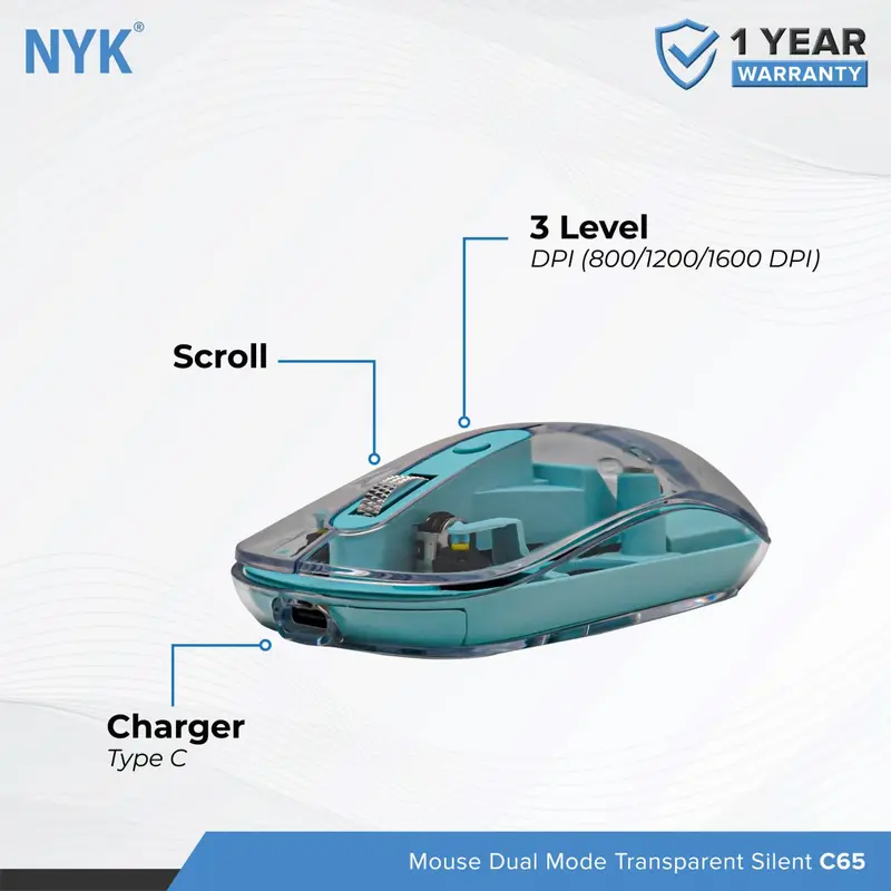 Mouse NYK C65 Silent Click Dual Mode Bluetooth Wireless Rechargeable Transparant Blue 0