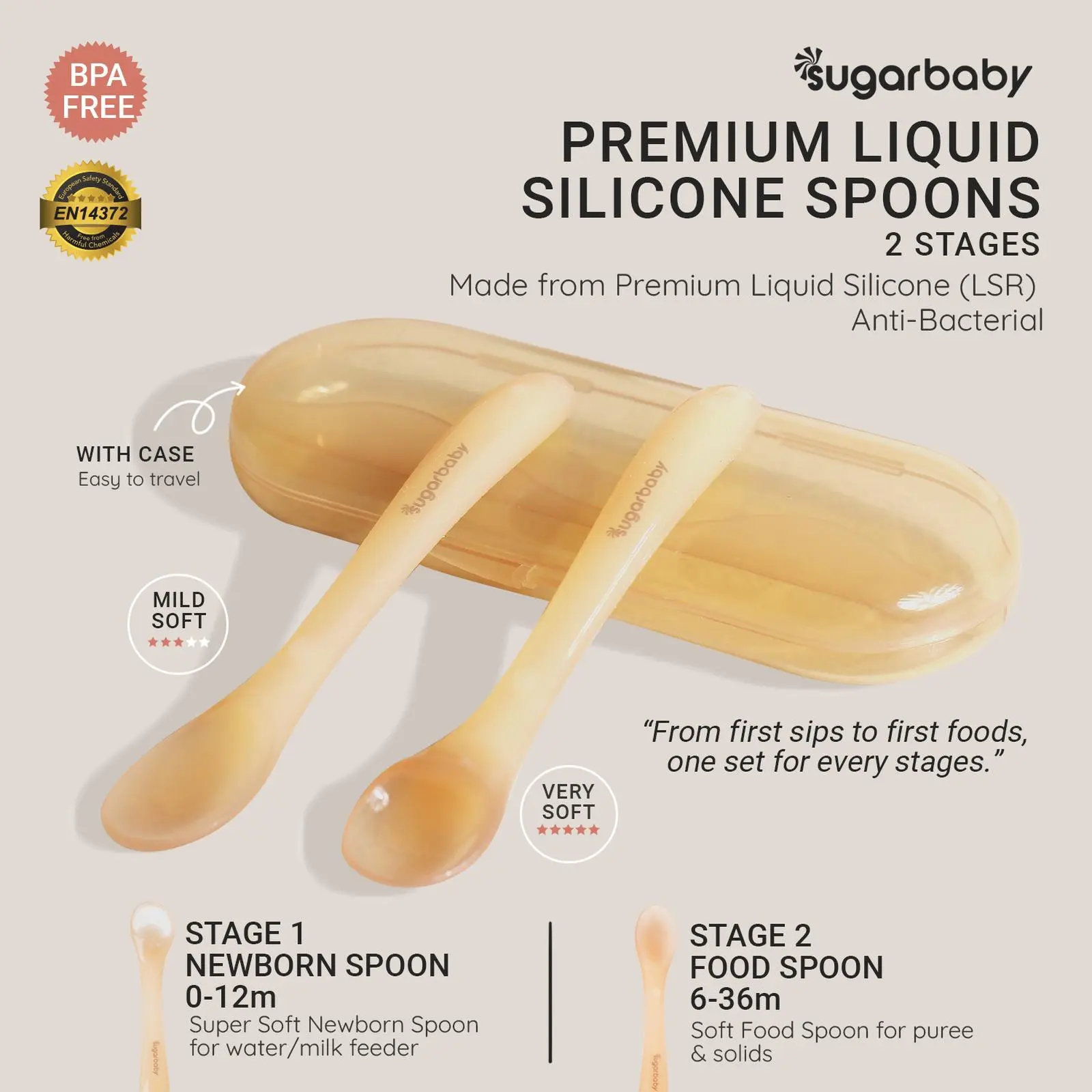 Sugarbaby NEW LAUNCH PREMIUM 2 SIL With Case / SILICONE SOFT Color With Case / DUO Heat SENSING SPOON with CASE BPA Free / Training Spoon / Peralatan Makan Baby / Sendok Makan Bayi