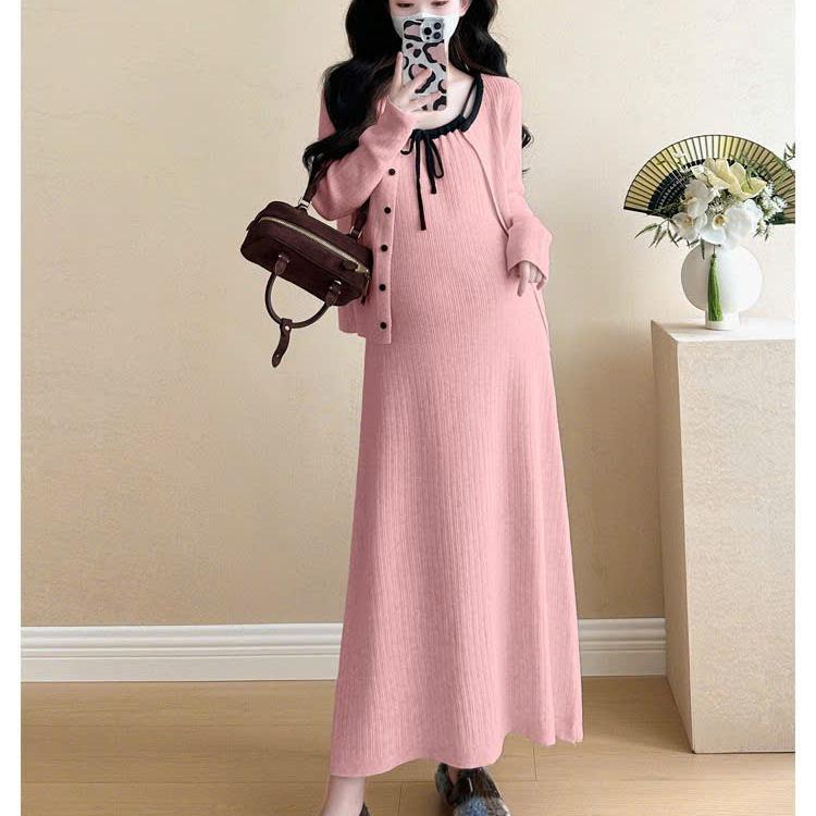  Set Đầm Bầu Tăm Gân Thái Hàn 2 Chi Tiết Váy Bầu Sau Sinh Thời Trang Dáng Đẹp Màu Hồng Sang Trọng 