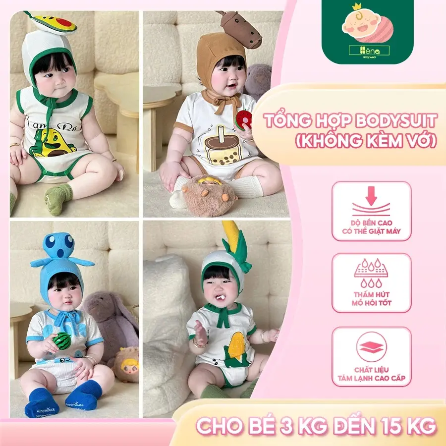 Bodysuit Hena Baby Wear Cho Bé Kèm Nón Cotton 4 Chiều Body Sơ Sinh Bé Trai Bé Gái 3-15kg Thoáng Mát Co Giãn Hàng Việt Nam