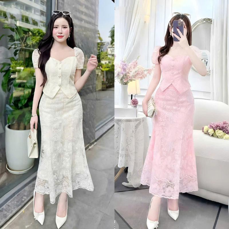  Sét Áo Ren Cài Nút Tay Phồng Phối Chân Váy Ren Lót Kate Lụa Quyến Rũ Nữ Tính Dịu Dàng Thanh Lịch Sang Trọng Dễ Thương  Phù Hợp Mọi Phong Cách. 