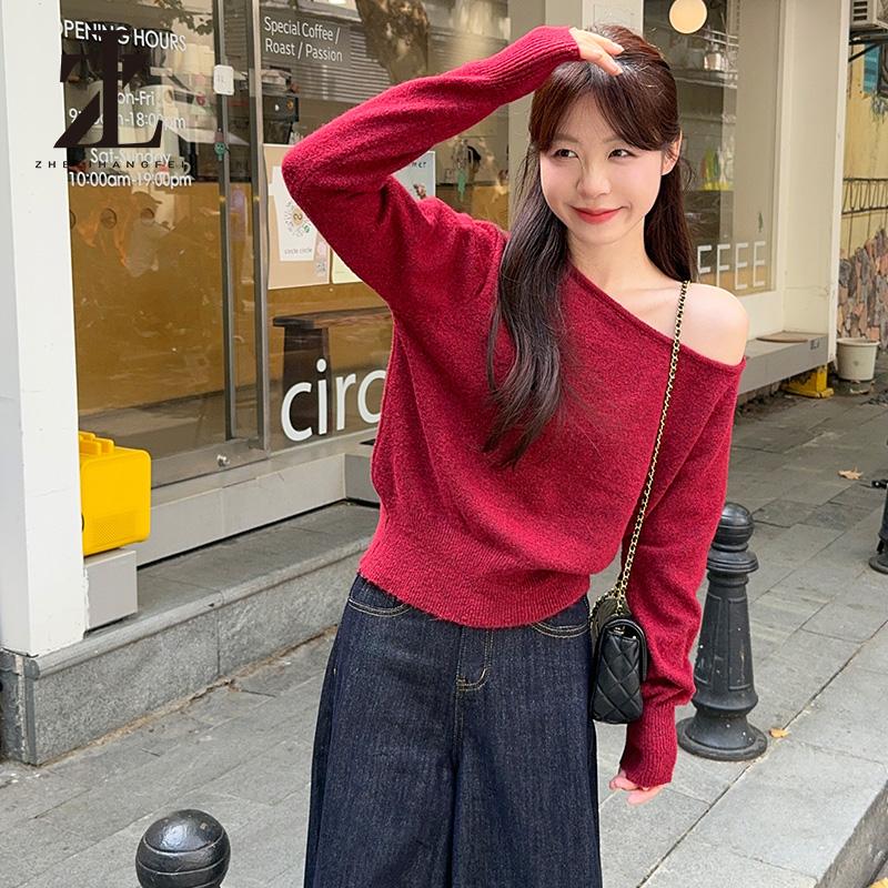 Áo len nữ chéo vai dệt kim dài tay đế áo len ngắn lệch vai áo len dệt kim hàng đầu