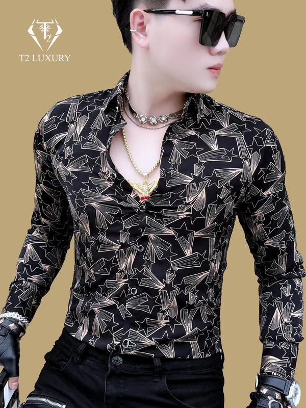 Áo sơ mi nam họa tiết ngôi sao lấp lánh phom ôm đẹp vải lụa mát mịn phong cách sang trọng Menswear