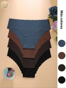 Paquete de 4 piezas de bragas sin costuras con borde ondulado para mujer, colores oscuros, cómodas ropa interior de yoga, lencería deportiva transpirable en tanga para mujer