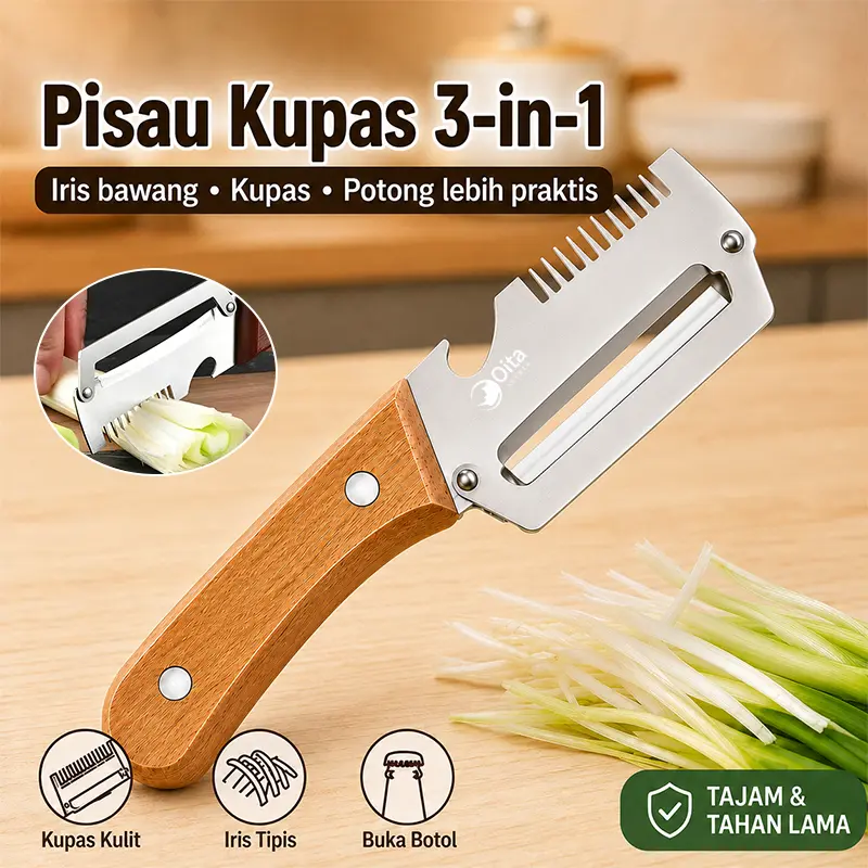 Oita Alat Dapur Serbaguna Kayu Stainless Iris Bawang Kupas Buah Pembuka Botol