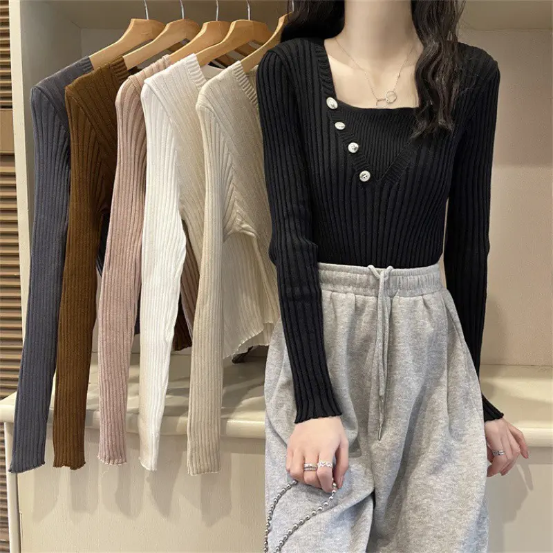 Atasan Oblong Knit Rajut Lengan Panjang Wanita Kaos Oneck Style Korea Baju Kancing 4