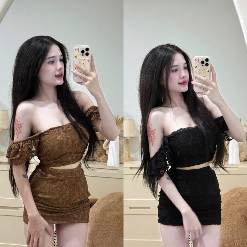 Set váy nữ áo kiểu trễ vai có mút phối chân váy ngắn chất ren hai lớp PLS375