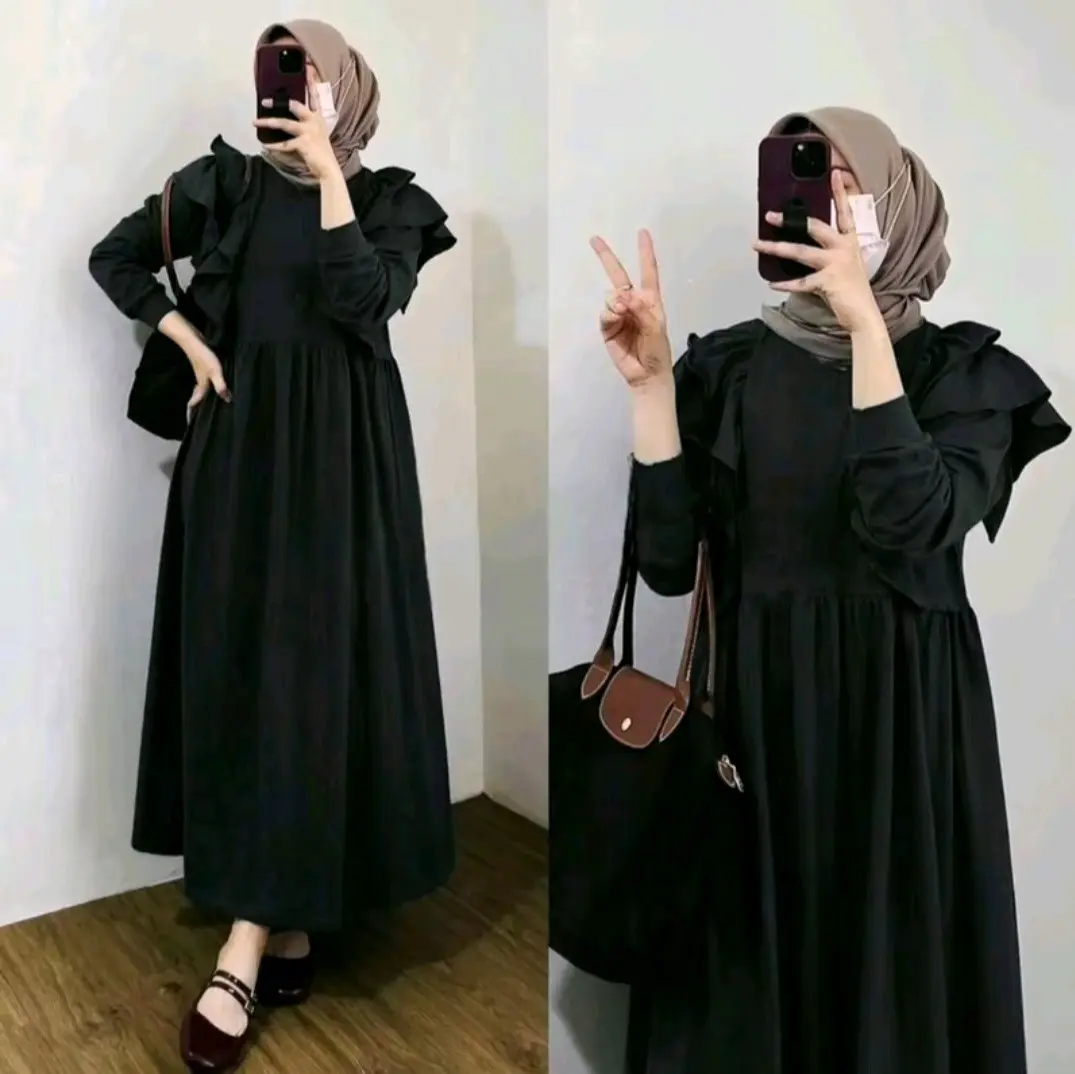 Gamis Panjang Wanita Variasi Ruffle Meldi Dress Muslim Crinkle Airflow | Gamis Kondangan Nyaman | Gaun Pesta Santai Mewah