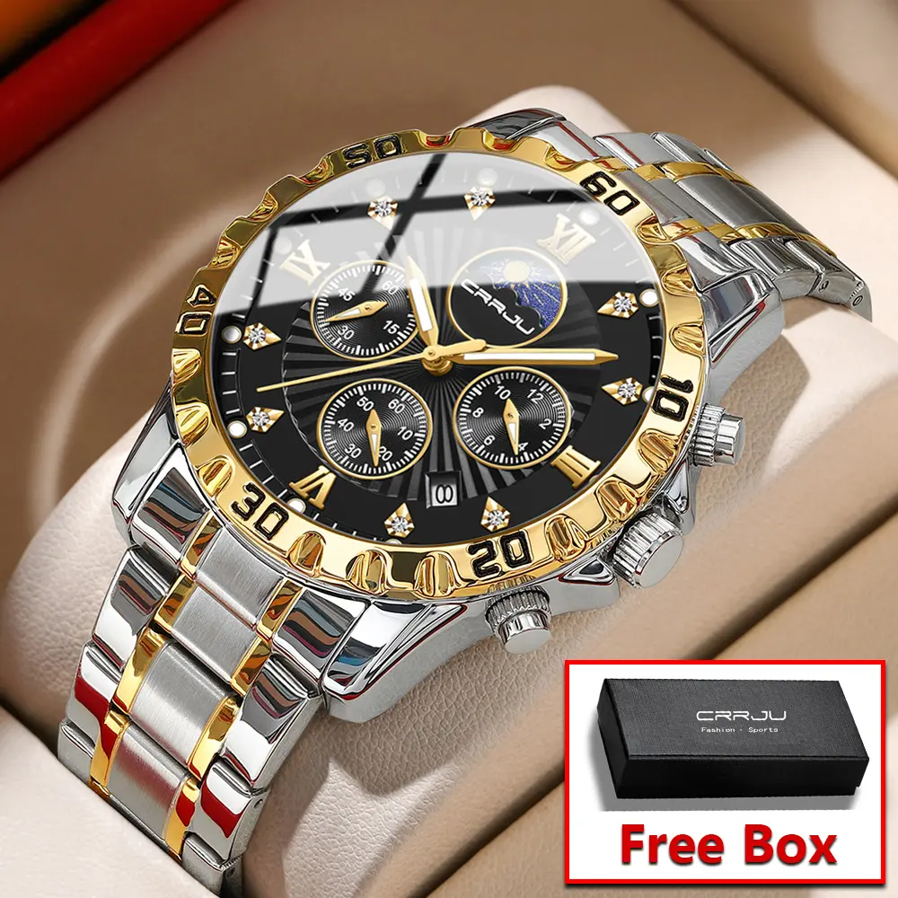 CRRJU Jam Tangan Pria Anti Air Original Anti Karat Luxury Kronograf Bercahaya Kalender Quartz Watch Men