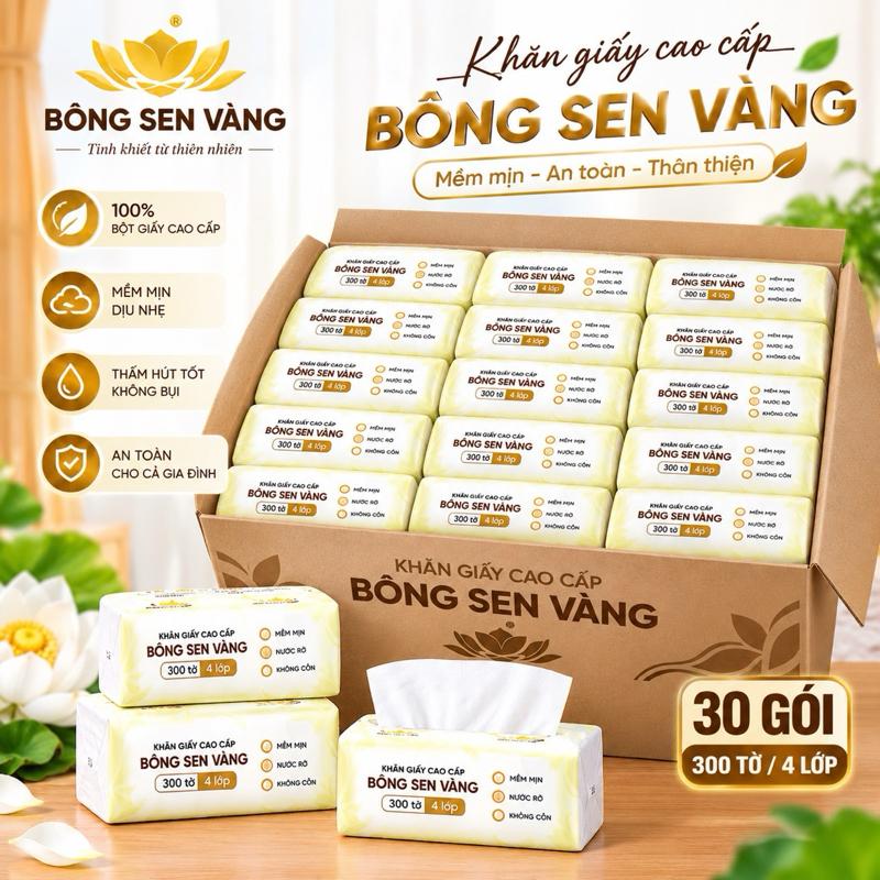 ￼Thùng 30 Gói Giấy ăn cao cấp Bông Sen Vàng 4 lớp mềm mịn, an toàn, tiện lợi. 300 tờ 4 lớp dai mềm hàng loại 1