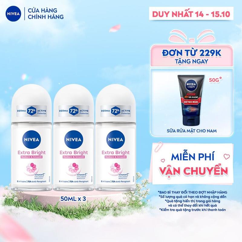 Bộ 03 Lăn Ngăn Mùi NIVEA Hỗ Trợ Dưỡng Da Sáng Mịn Extra Brightening 8 Super Food (50mlx3) - 83747