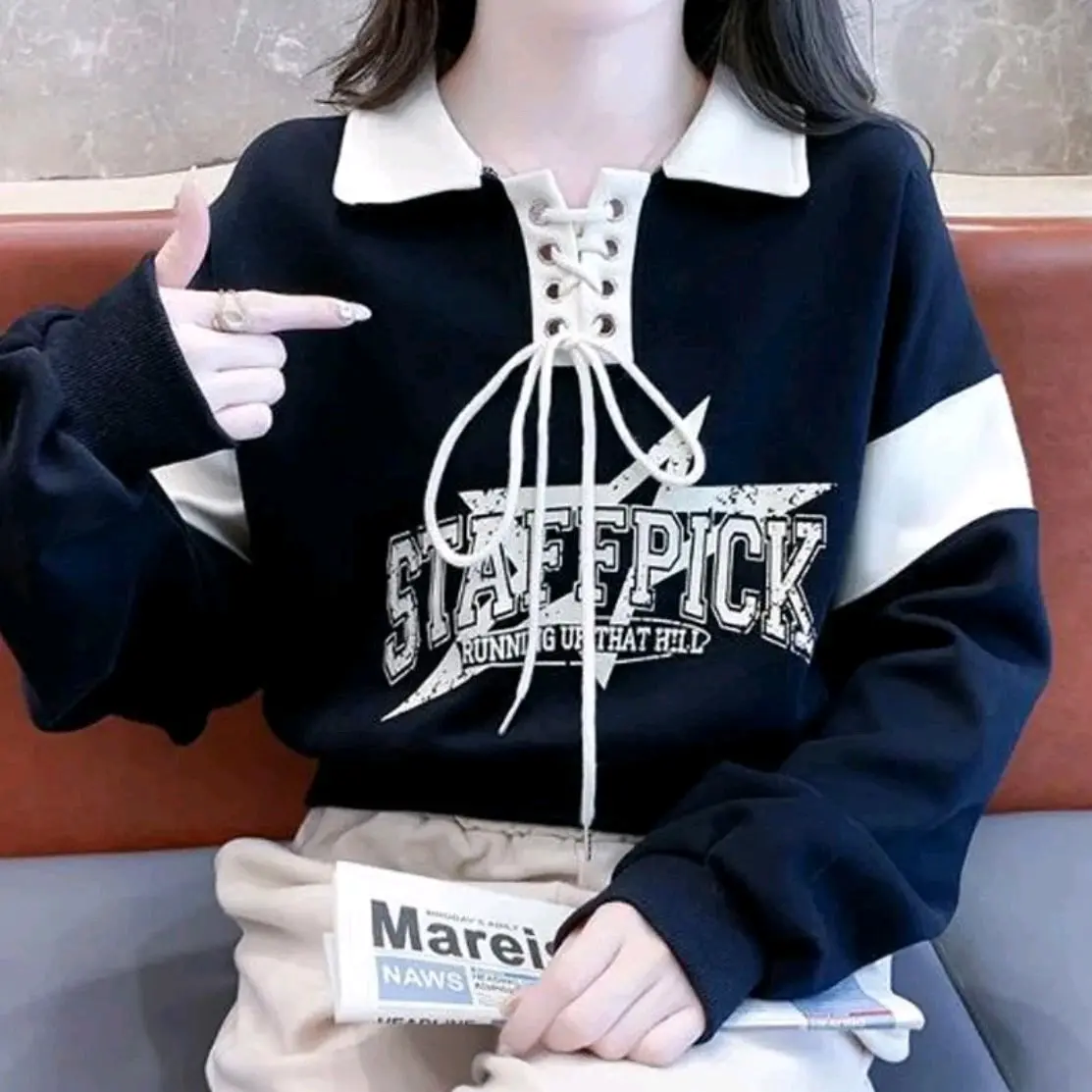 STAFFPICK SWEATEF COLLAR ROPE CROPTOP KOREAN STYLE Fleece Sweatshirt Basic