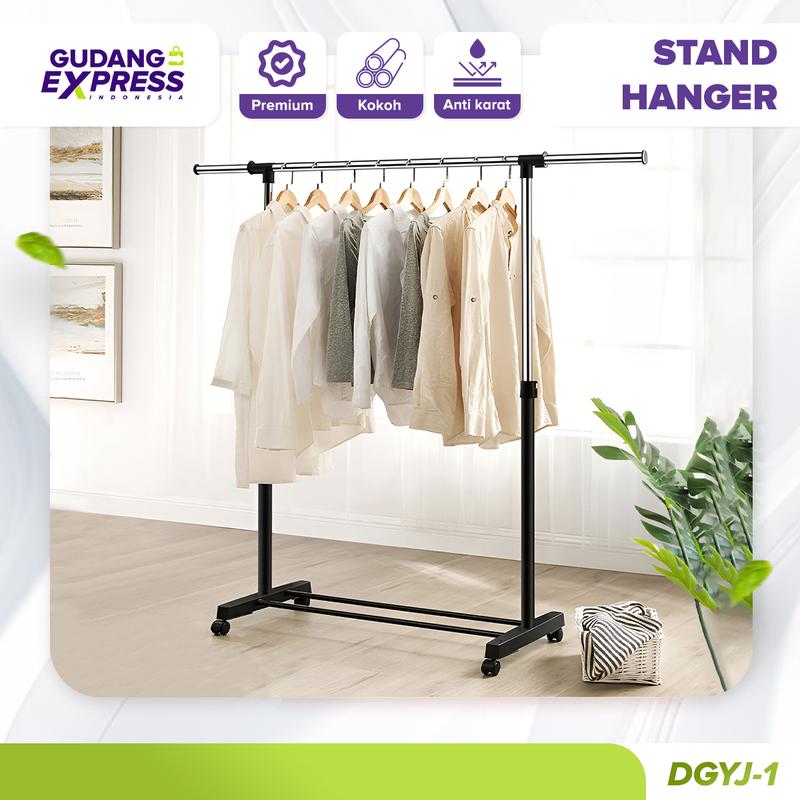 Product Introduction of GEI - Stand Hanger Single Praktis Gantungan Baju Stainless Steel Dengan Roda Untuk Gantungan Hijab, Mukena, Handuk, Baju, Kaos Bahan Pipa Stainless 2