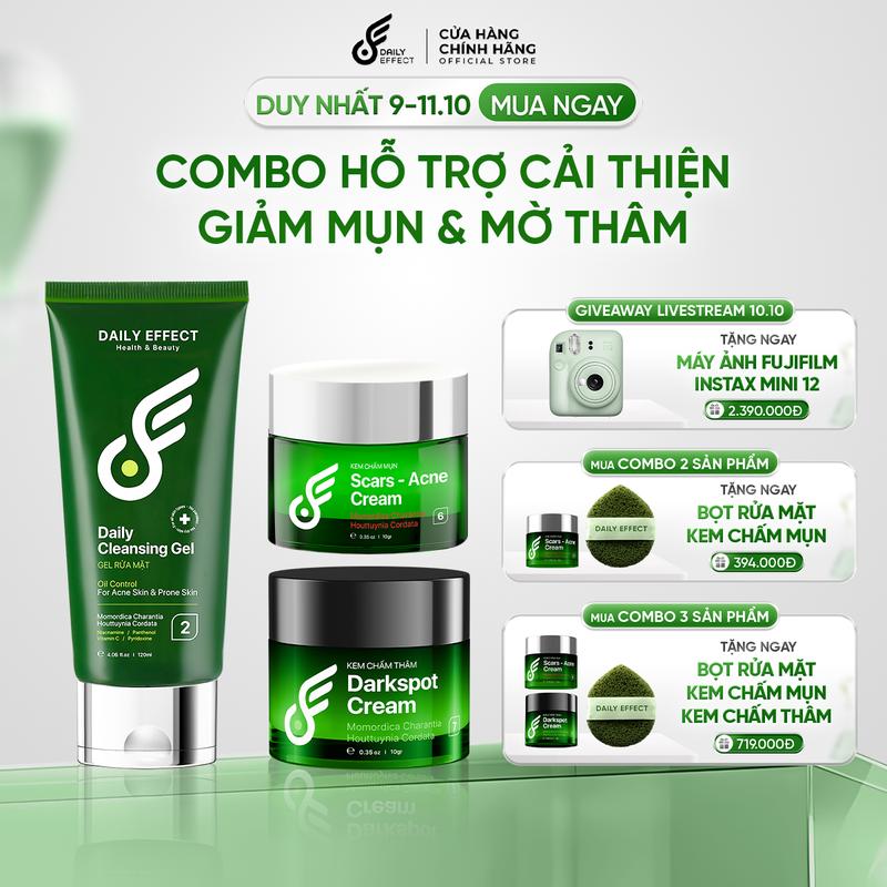 Combo 3 sản phẩm hỗ trợ Tạm Biệt Mụn, Hỗ Trợ Giảm Thâm Mụn, và Bảo Vệ Da, Ngừa Dầu Nhờn Thừa DAILY EFFECT (sữa rửa mặt 120ml, kem chấm mụn 10g , kem chấm thâm 10g) Skincare