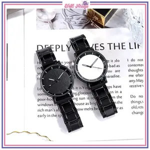 Jam Tangan Couple  Wanita Dan Pria Analog Quartz Casual Fashion Strap Rantai Hitam Stainless Steel Couple