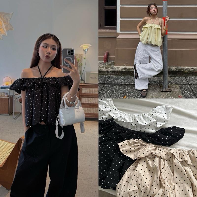 CHERRY TOP - Áo Bí Trễ Vai DEROSE Mang Được Nhiều Kiểu Có Dây Rời Đi Kèm Vải Gió Form Áo Dễ Thương