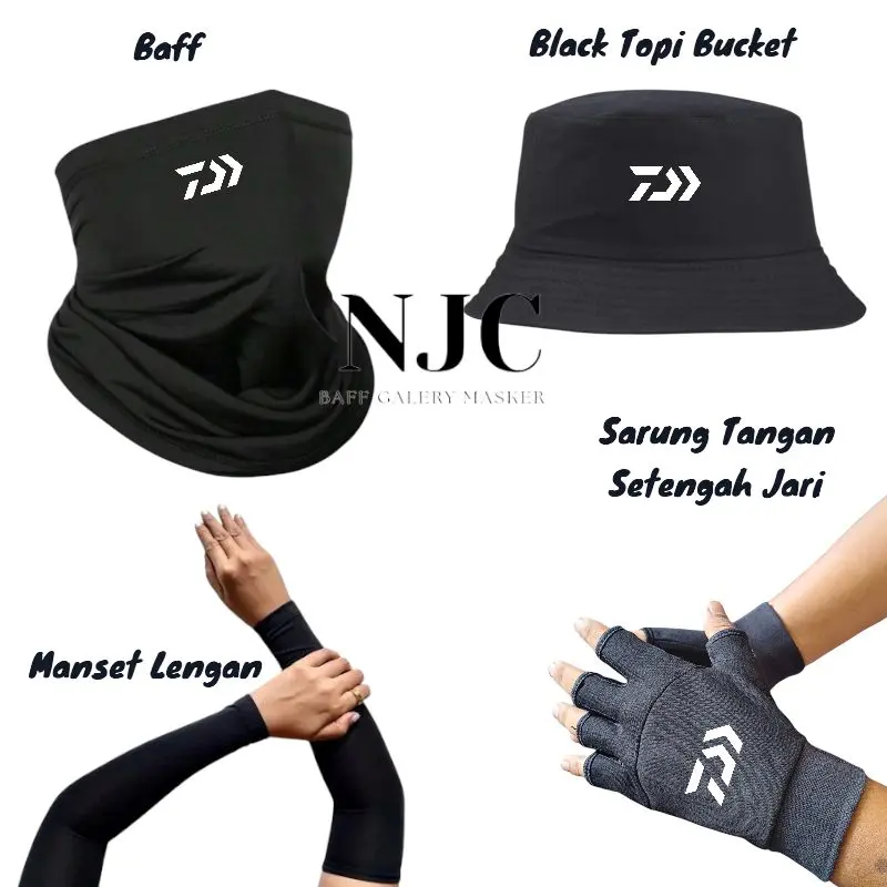 Paket Hemat Murah Topi Bucket (Daiwa)+ Sarung tangan Setengah Jari+Baff+Deker Spandex Hitam