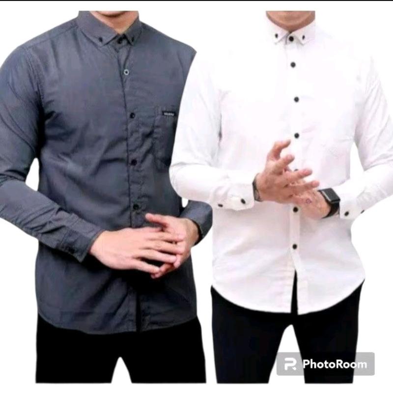 Paket 2 Pcs Kemeja Polos Lengan Panjang Catun Casual Slimfit  Baju Dinas Kantor  Kancing Kerah Simple Standar Putih Navy Nyaman Variasi Santai Pria Kerja Hitam Basic 7