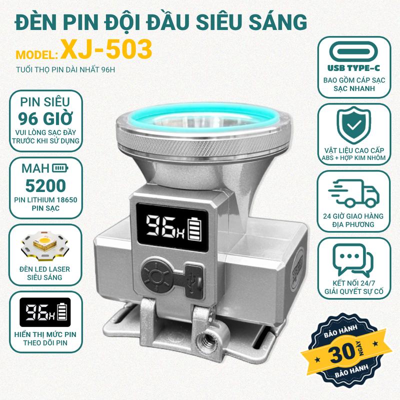  Đèn Pin Đội Đầu 503 Led Lazer Siêu Sáng Pin 5200MAH 4 chế độ ánh sáng sạc qua USB dùng câu cá cắm trại mất điện 