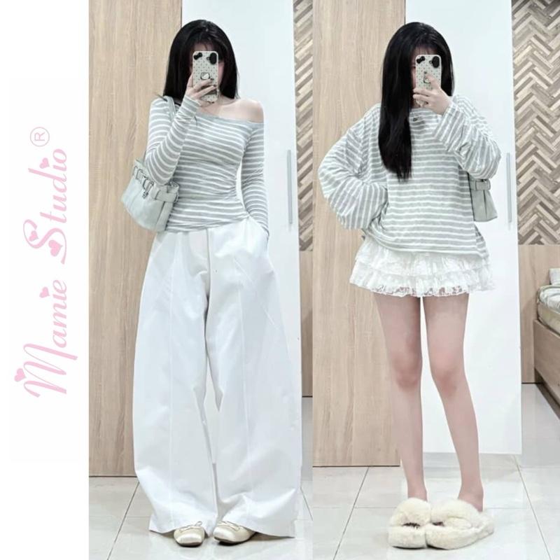 MaMie Studio - Áo thun sọc ngang 2 phân loại, áo lệch vai ôm body nữ tay dài và áo thun form rộng boxy tay dài thời trang nam nữ chất cotton rũ mềm mịn.