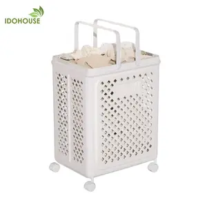 IDOHOUSE Keranjang Baju Kotor Lipat Serbaguna Dengan Roda & Tanpa Roda Basket Besar Portable Kuat Plastik Tebal Warna Putih Gagang Tebal D01A & D01B