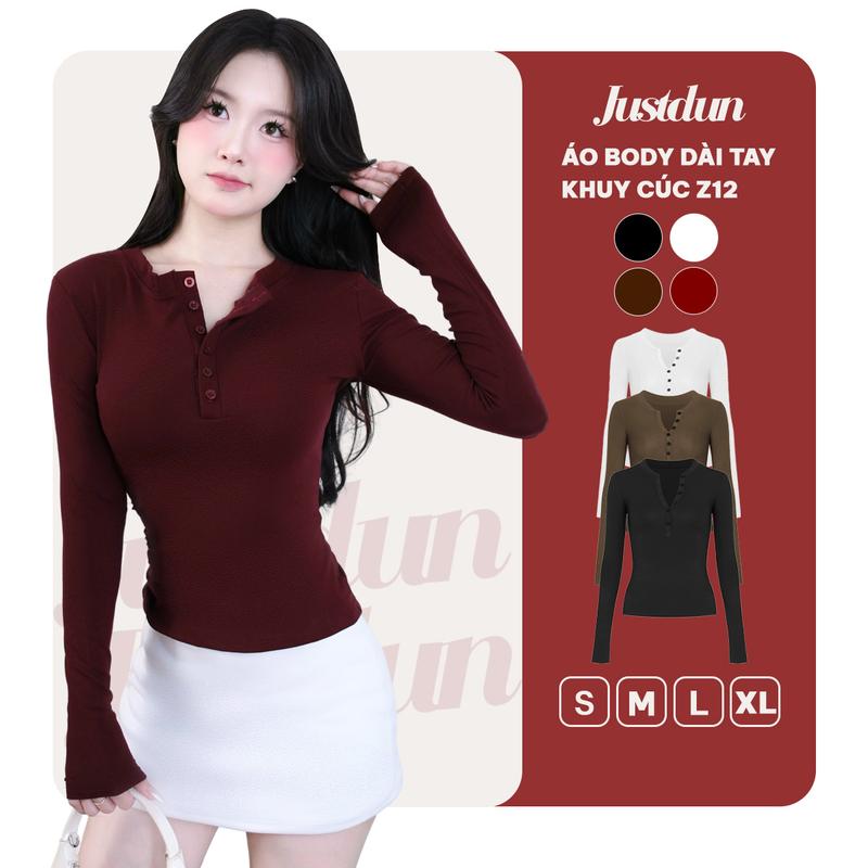  Áo Thun Nữ Dài Tay JUSTDUN Z12 - Thiết Kế Khuy Cúc Ngực Cotton Mịn Êm Ái Ôm Dáng Co Giãn Thoải Mái 