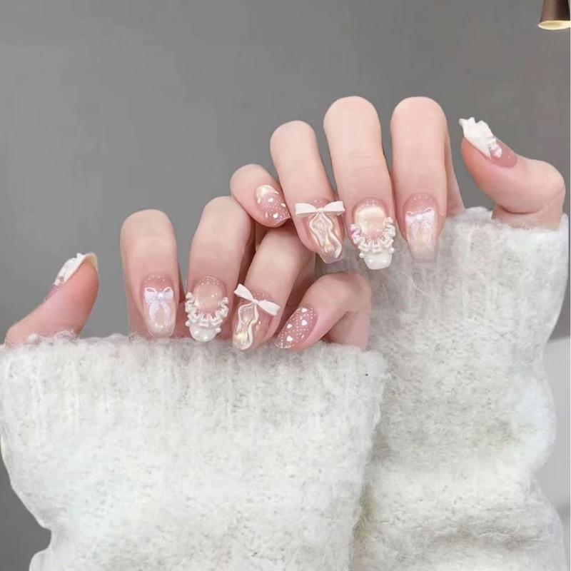 Mã B017 Nail Box Móng Tay Giả Màu Nude Mắt Mèo Đính Nơ Họa Tiết Trắng Dáng Móng Nhỡ Tiểu Thư Học Sinh Hot Girl Có Thể Tháo Rời Tái Sử Dụng