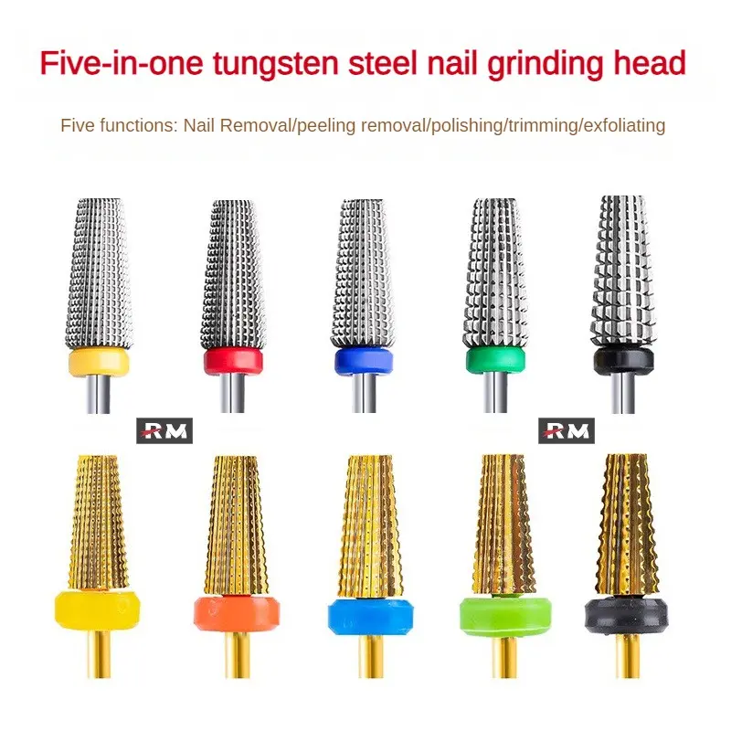 Five-In-One Tungsten Steel Grinding Head For Nail Art Flat Head Conical Serrated Straight Tooth Gold-Plated Grinding Point Trapezoidal Nail Machine Drill Manicure Tool Nail Removal