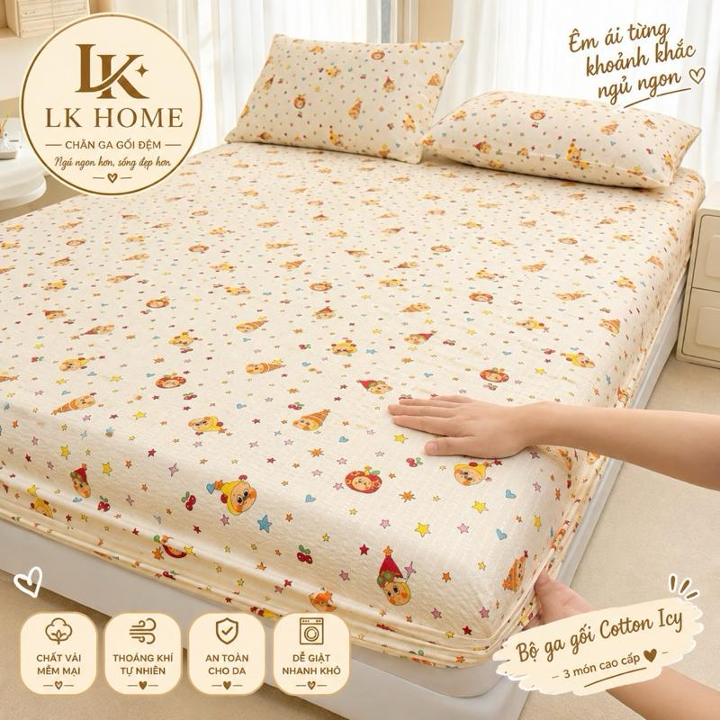 Bộ ga gối 3 món cotton đũi thoáng khí, họa tiết nhí dễ thương, Set ga gối LK Bedding - Chất liệu cotton icy, thoáng khí, an toàn cho da, dễ giặt nhúng