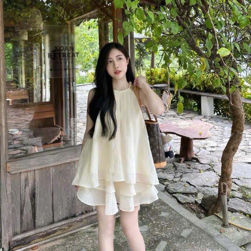 Set tơ cổ yếm hạt gỗ chân váy tầng xòe đi biển set đồ nữ đẹp