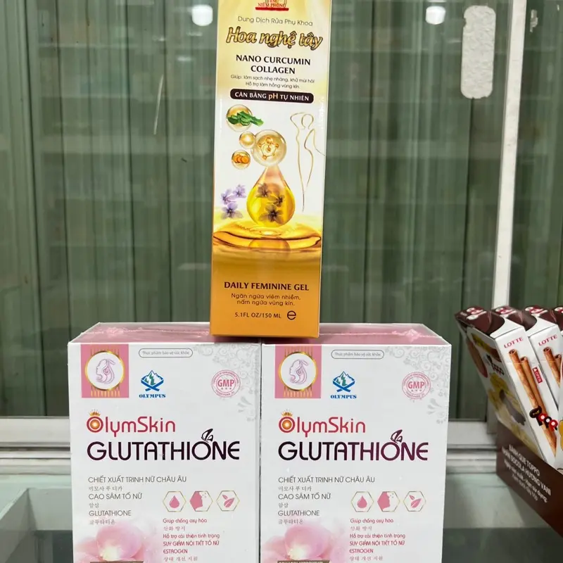 Mua 2 hộp GLuTaThiOne tặng 1 chai ddvs làm hồng cô bé  Olymskin Glutathione Giúp chống oxy hoá đẹp da, giúp làn da căng mịn - trắng hồng hơn hộp 30 viên vienuong trang collagen glu that