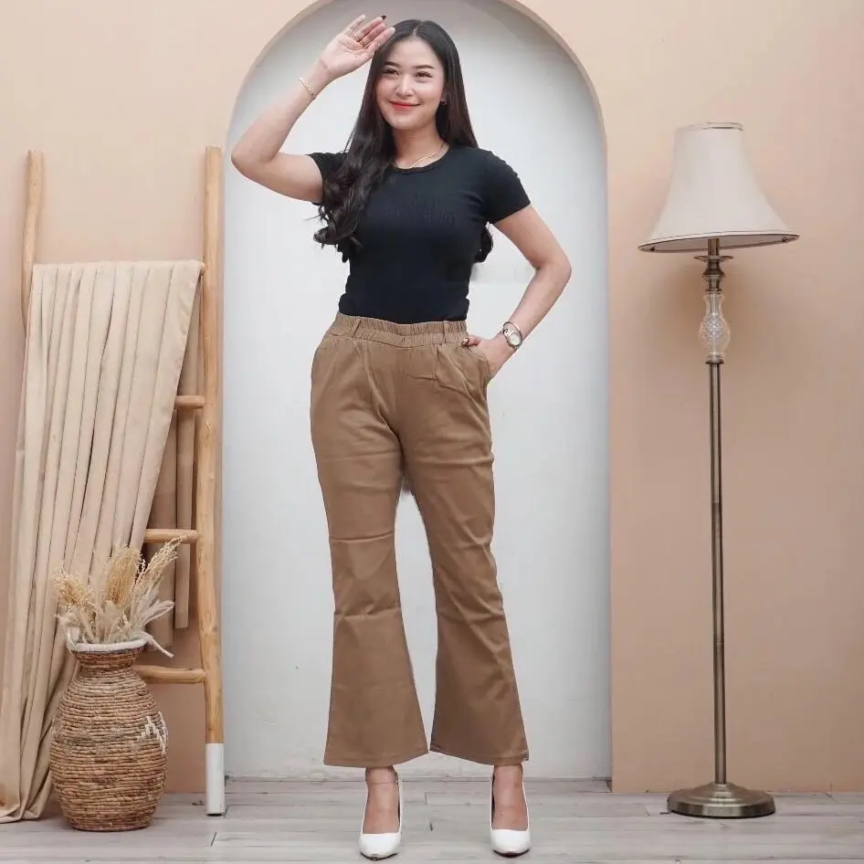 Casual Cutbray Wanita Basic Pants Bahan Twill Combed Pinggang Full Karet