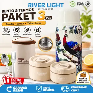 [ EXLUSIVE INDAH PUTRI ] RIVER LIGHT - Bundling 3 in 1 Lunch Box Portable Premium 600ML FREE Sendok & Garpu + Botol Termos Stainless Steel Vacuum Flask