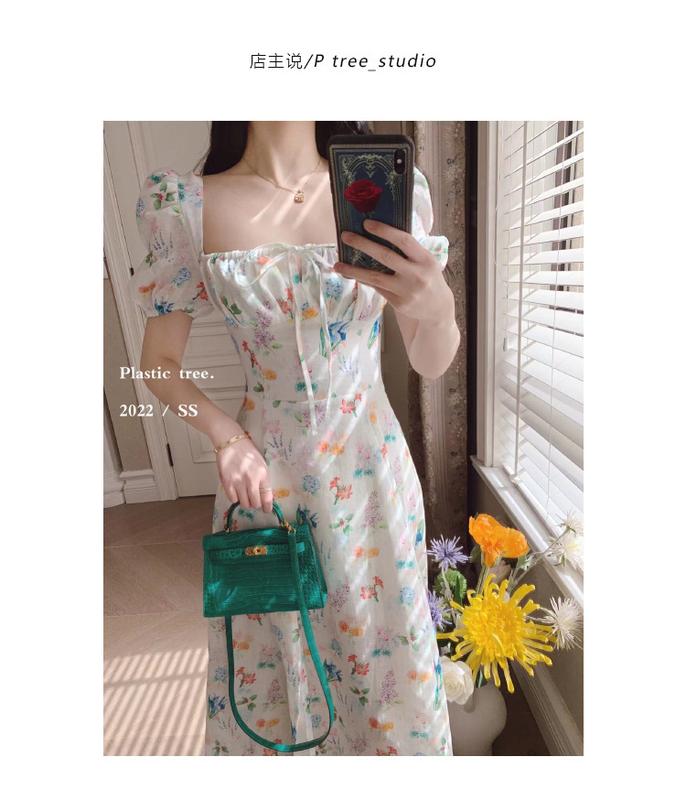 Product Introduction of phụ nữ ăn mặcĐầm Voan Pháp, In Hoa Mùa Hè, Cạp Cao Xẻ Tà, Hàng Mới Về Cho Nữ, Bó Sát Eo, Cổ Vuông, Tay bồng Hoa, Đầm Midi Dress Women 2