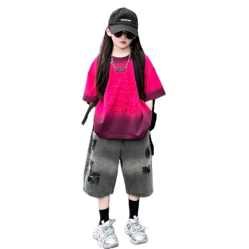 LN DEAL MỞ BÁN Set Áo Cotton Hồng Kèm Quần Sooc Rách Cá Tính Cho Bé Từ 15-50kg Chất Liệu Cotton Mềm Mại Phù Hợp Làn Da Nhạy Cảm Của Trẻ Nhỏ Bộ Cộc