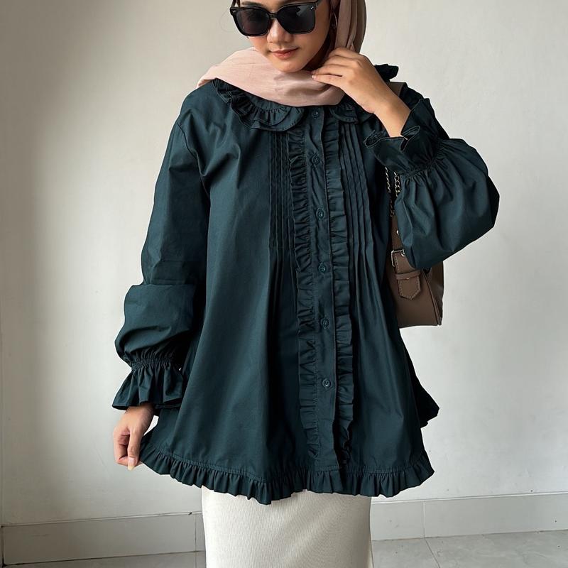 LEONIE POPLIN BLOUSE Atasan Baju Panjang Katun Lembut Oversize Wanita Motif Ruffle 8
