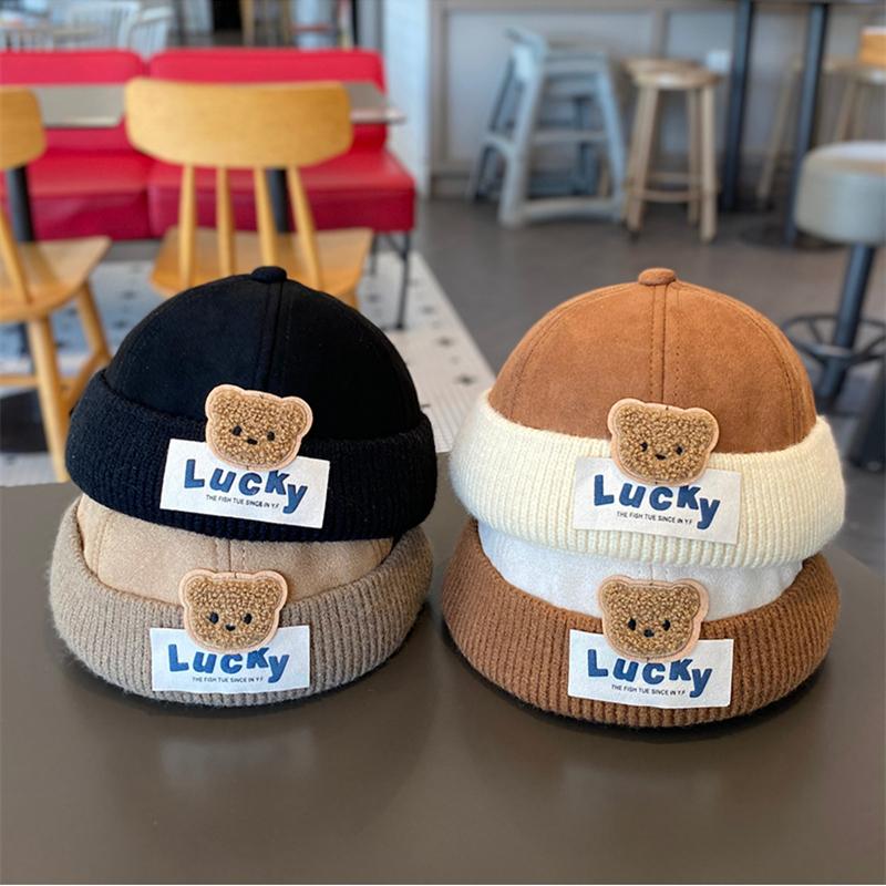 Product Introduction of 1-4Y Windproof Suede Kids Landlord Hat Korean Bear Baby Knit Brimless Cap Children Melon Caps Autumn Winter Warm Docker Hats 3
