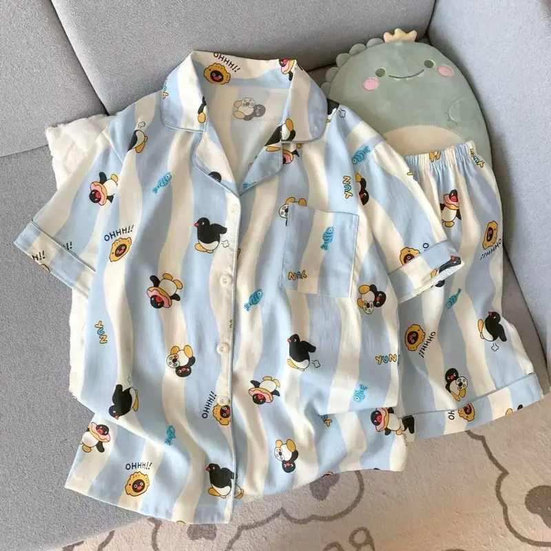 Bộ đồ ngủ pijama tay quần ngắn họa tiết dễ thương dành cho nữ chất liệu bông mây cao cấp Women Nữ Áo Quần Ngủ