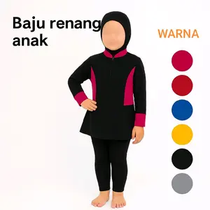 Baju Renang Muslim Anak Perempuan TK SD Atasan dan Bawahan Bahan Polyester Melar Model Atasan Resleting Warna Hitam dengan Detail Warna